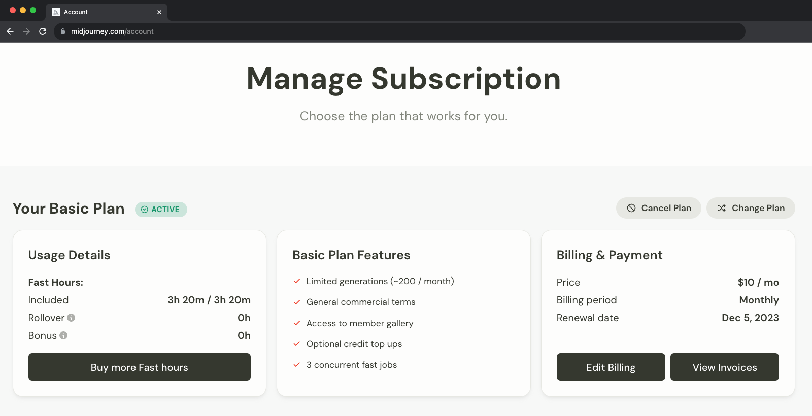 Image showing the Manage Subscription page for a Midjourney Subscriber