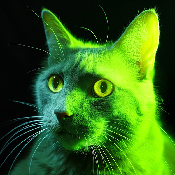 Midjourney image of an acid green cat