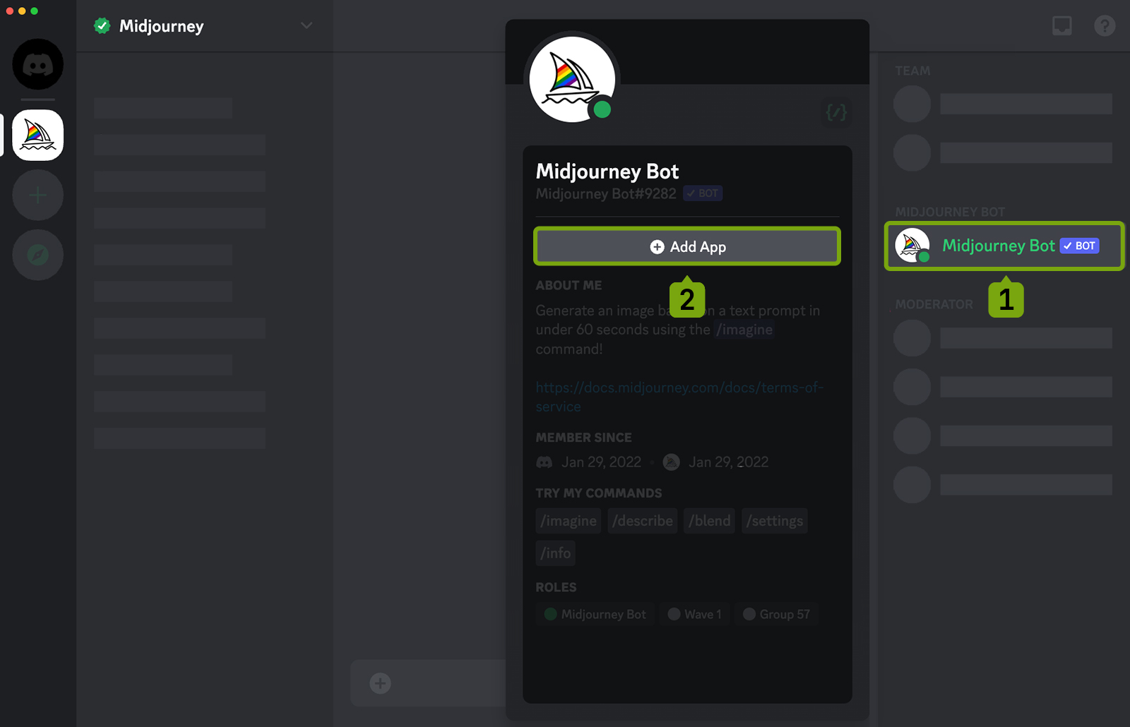 a screen shot showing the Midjourney Discord. The Midjourney Bot is highlighted on the left side user list with a number one under it. A pop-up showing the Midjourney Bot Add App is also visible. The Add App button is highlighted with a number two under it.
