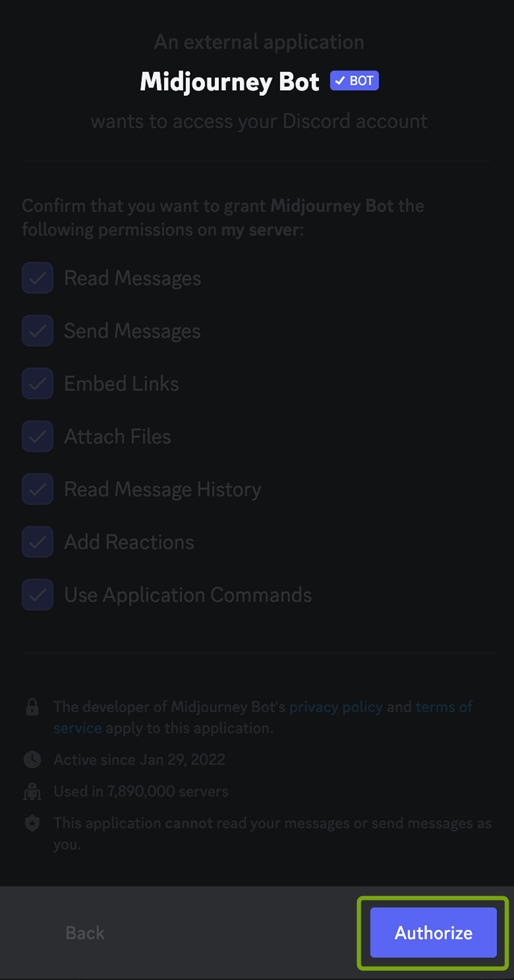 A screenshot of the Authorize button for the Midjourney Add App to server dialogue. The Authorize button is highlighted.