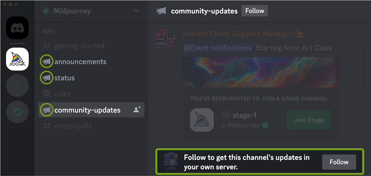 a screen shot showing the midjourney discord server. The announcements status and community updates channels have been highlighted. The follow channel button has been highlighted.