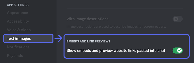 an image showing the discord text and image setting and enable link preview toggle set to to on