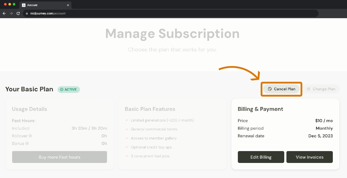Image showing the Manage and Cancel Plan Popup for a Midjourney Subscriber
