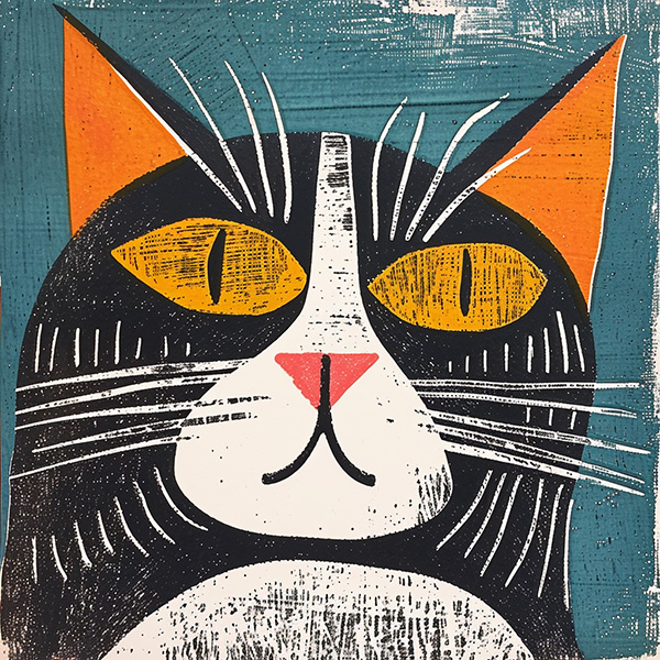 Example Midjourney image of a woodblock cat