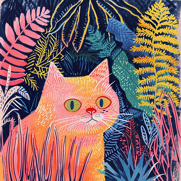 Example Midjourney image of a risograph cat