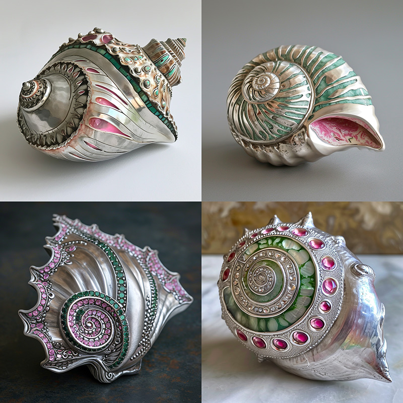 A midjourney generated image generated from the prompt, a silver seashell inlaid with pink and green accents --c 0