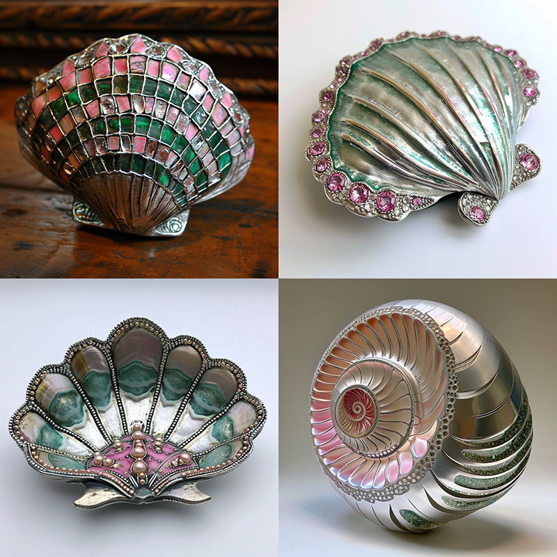 A midjourney generated image generated from the prompt, a silver seashell inlaid with pink and green accents --c 10