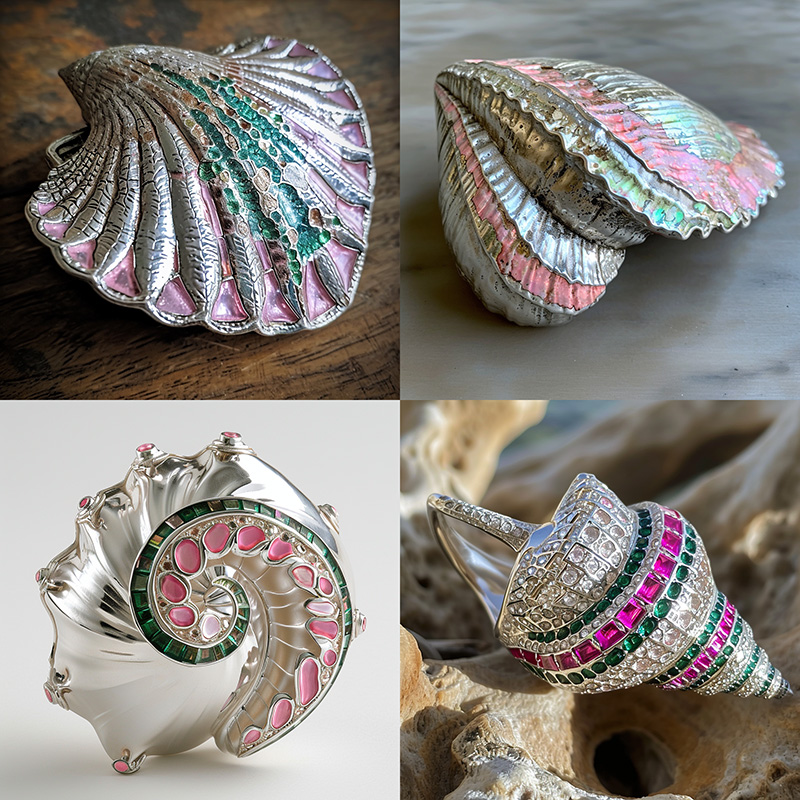 A midjourney generated image generated from the prompt, a silver seashell inlaid with pink and green accents --c 10
