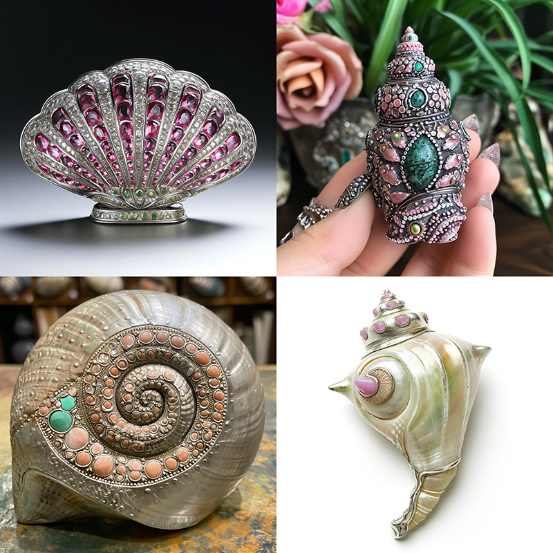 A midjourney generated image generated from the prompt, a silver seashell inlaid with pink and green accents --c 25