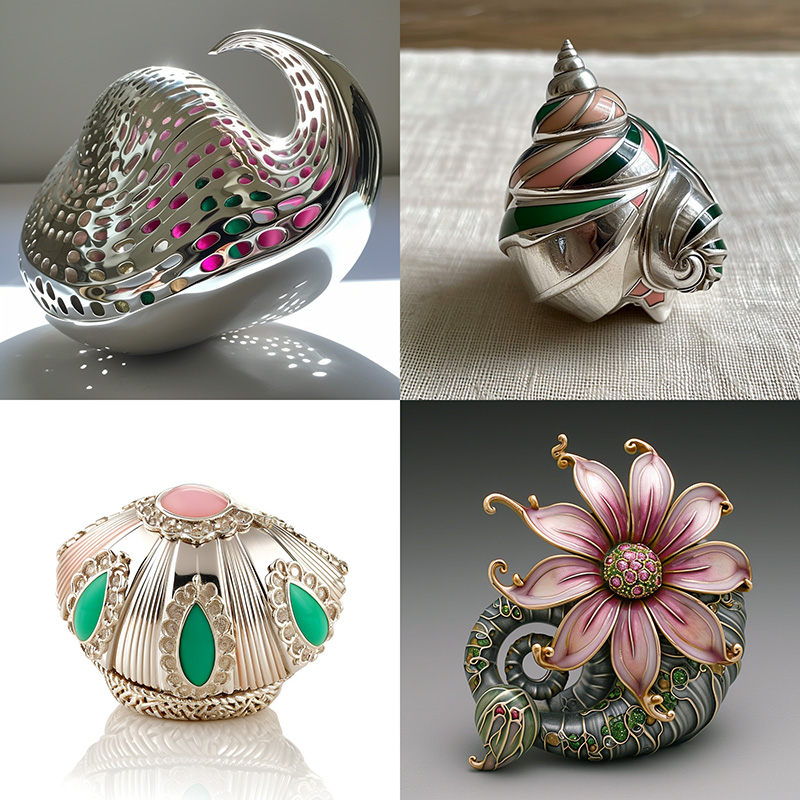 A midjourney generated image generated from the prompt, a silver seashell inlaid with pink and green accents --c 25