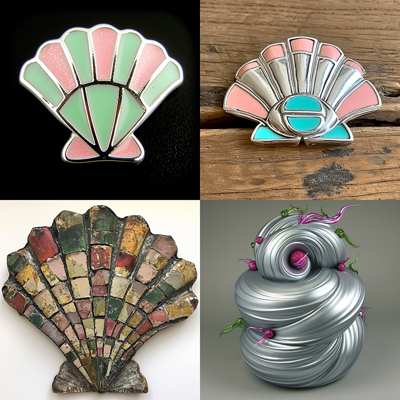 A midjourney generated image generated from the prompt, a silver seashell inlaid with pink and green accents --c 50