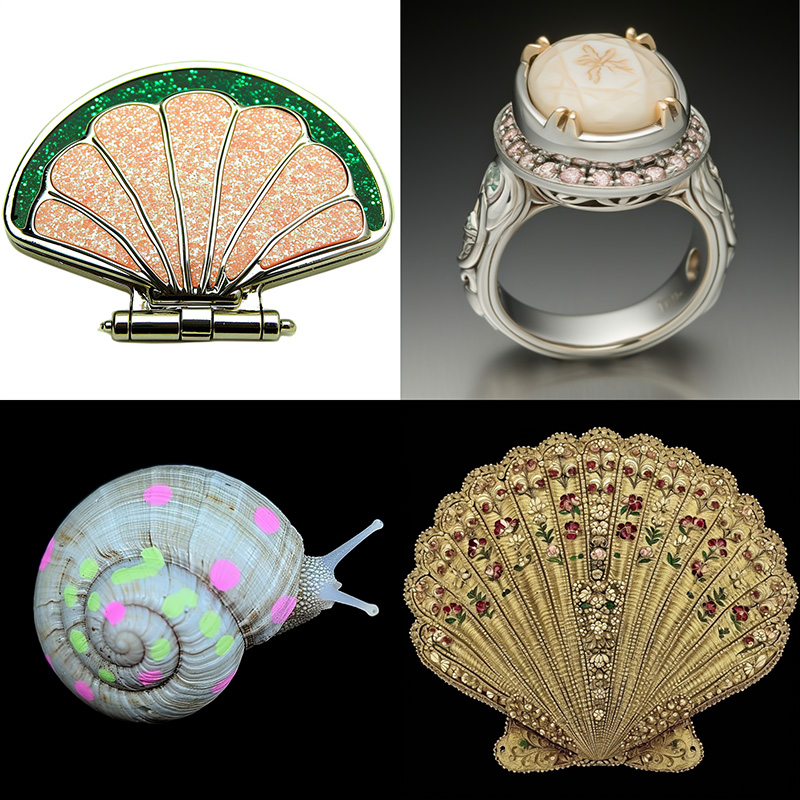 A midjourney generated image generated from the prompt, a silver seashell inlaid with pink and green accents --c 80