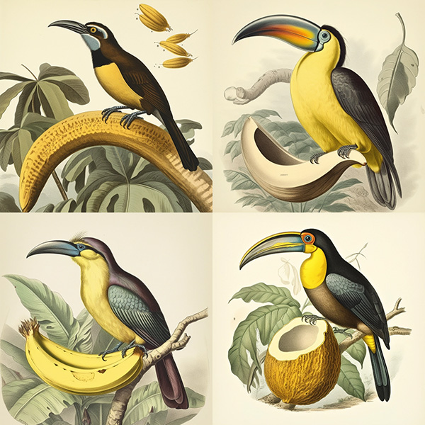 A midjourney generated image of a banana bird