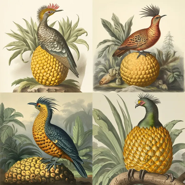 A midjourney generated image of a a pineapple bird