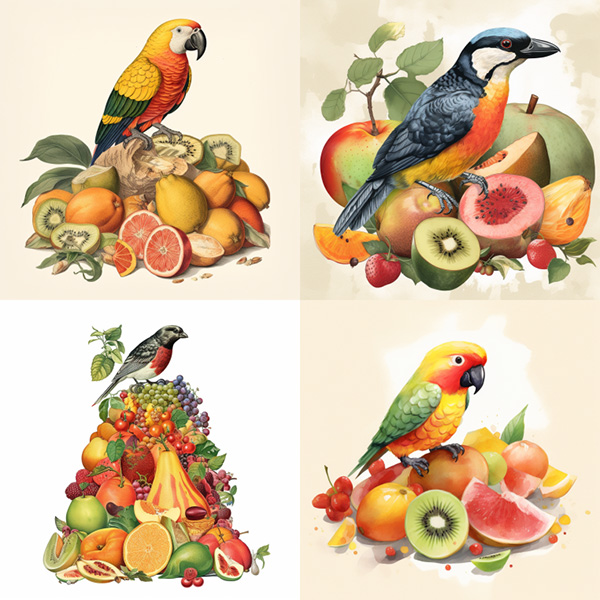 A midjourney generated image of a fruit salad bird using the test model