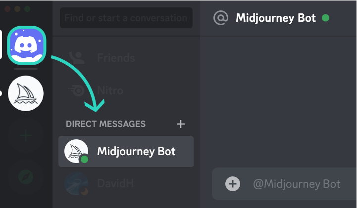 Image showing how to locate the Direct Message in Discord, desktop version