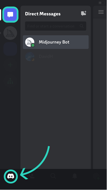 Image showing how to locate the Direct Message  in Discord, mobile version