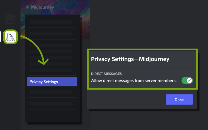 Image showing how to locate the Direct Message Privacy settings in Discord, desktop version