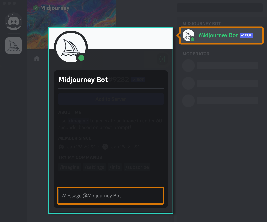 显示如何直接与Midjourney Bot发送消息的Discord界面图像