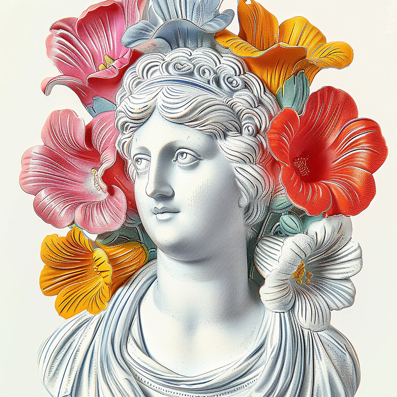 Midjourney image prompt combining  a greecian style statue and a cropped section of a vintage illustration of cyclamen flowers