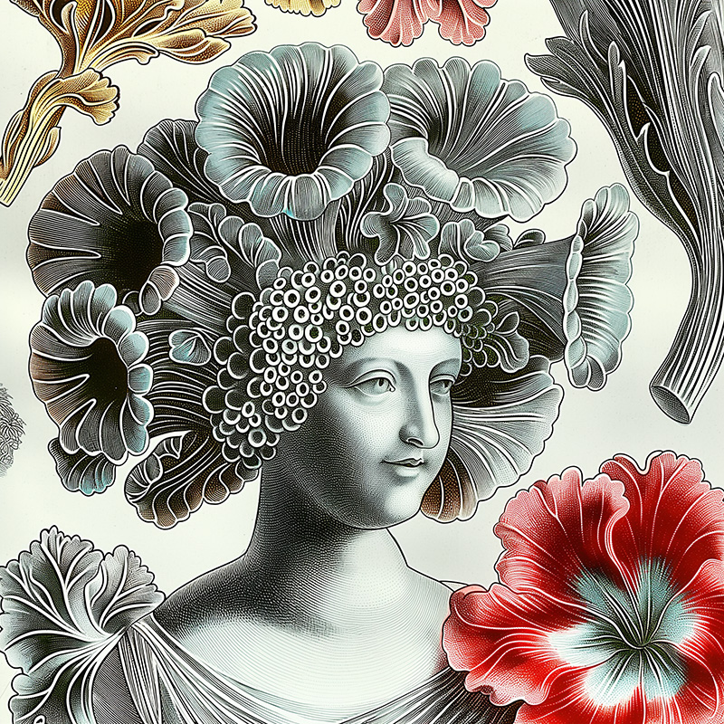 Midjourney image prompt combining  a greecian style statue, a cropped section of lichen by Ernst Haeckel's, and a vintage floral illustration