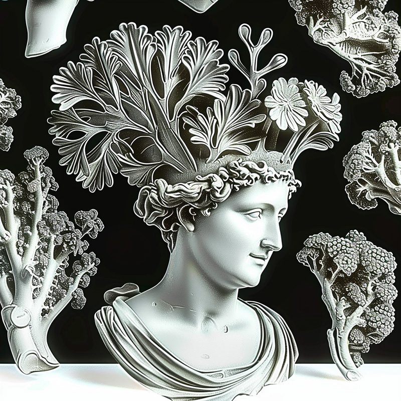 Midjourney image prompt combining  a greecian style statue and a cropped section of lichen by Ernst Haeckel's