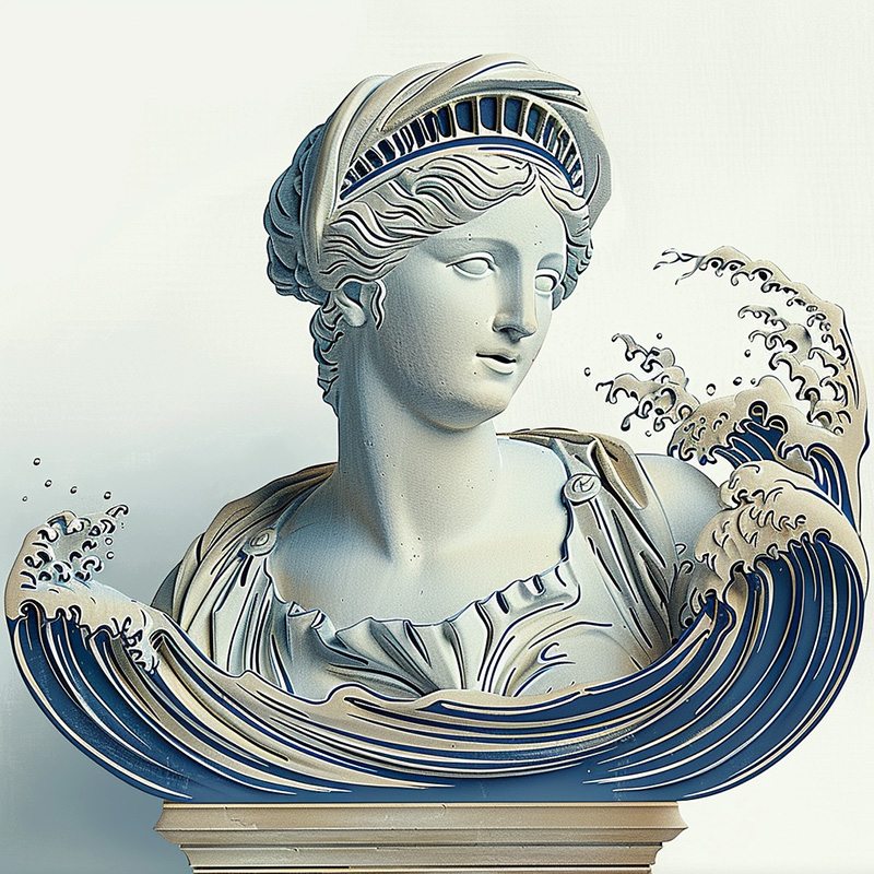 Midjourney image prompt combining  a greecian style statue and a cropped section of the Great Wave off Kanagawa by Hokusai