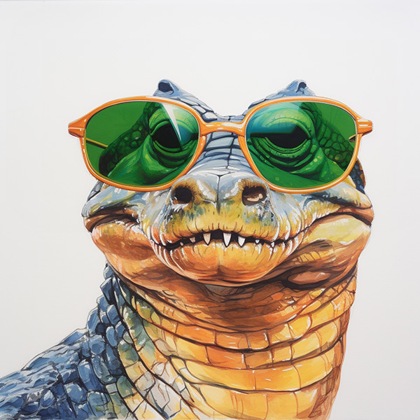 An image of an alligator wearing green sunglasses made with the Midjourney InPaint editor and the prompt green sunglasses