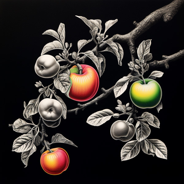 An image of an apple tree branch made with the Midjourney InPaint editor and the prompt rainbow scratchboard apple tree branch