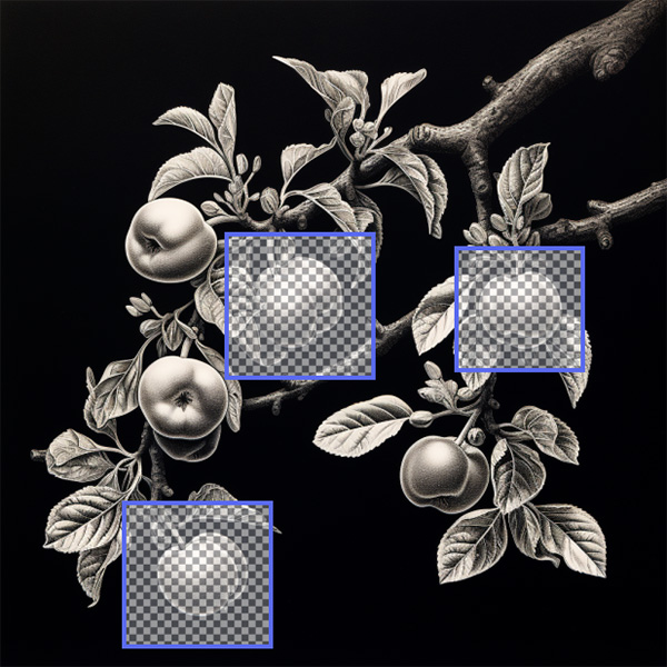 An image of an  scratchboard apple tree branch overlaid with a Midjourney Inpaint editor selection