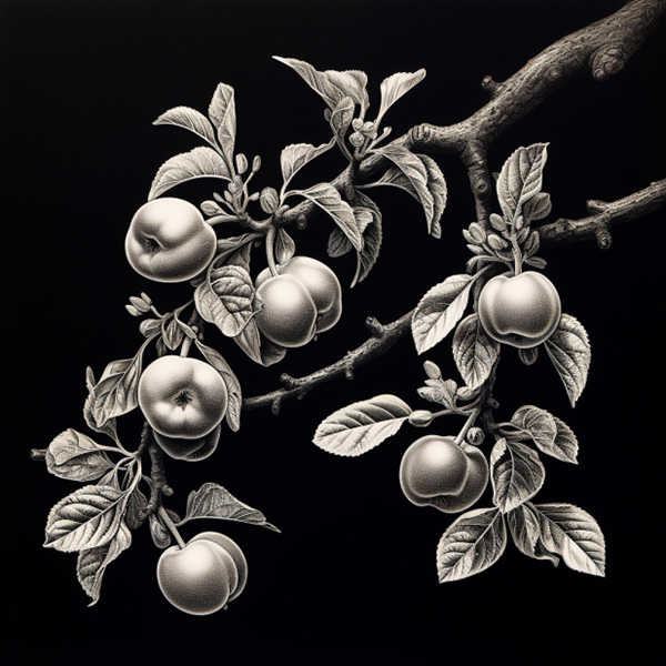 An image of a scratchboard apple tree branch generated in Midjourney using the prompt scratchboard apple tree branch