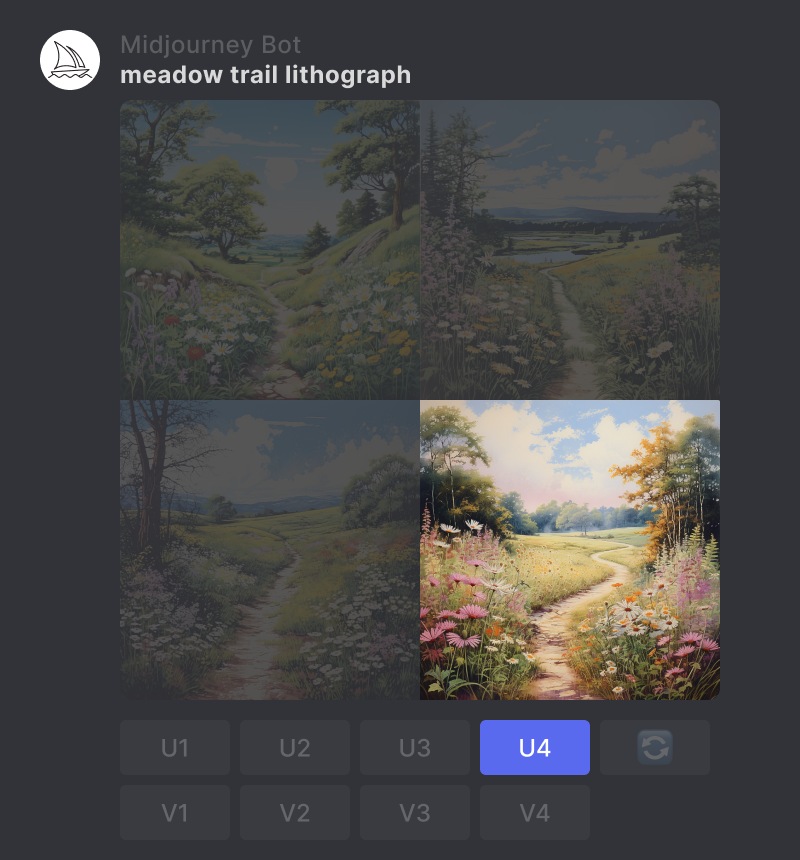 A grid of images generated by the Midjourney Bot using the prompt "meadow trail lithograph" the U4 button is highlighted in blue.