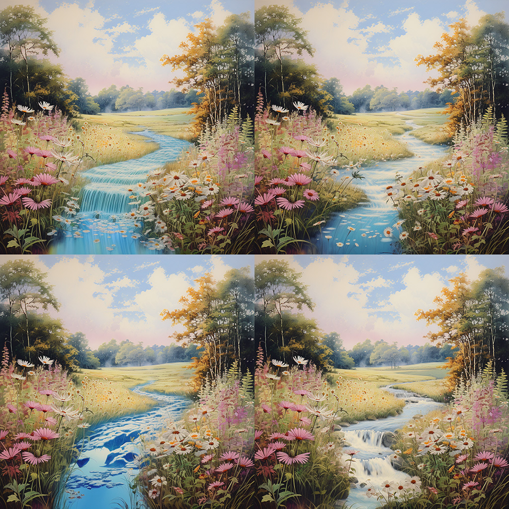 A grid of images generated by the Midjourney Bot using the prompt mountain stream lithograph to modify an existing image of a meadow trail