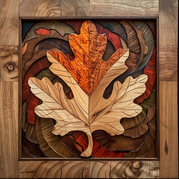 A midjourney image made with the prompt a wooden inlay oak leaf --stop 100