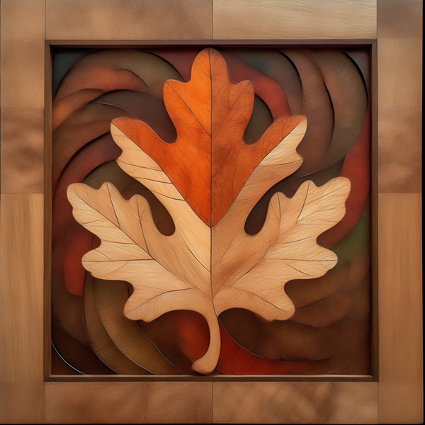 A midjourney image made with the prompt a wooden inlay oak leaf --stop 70