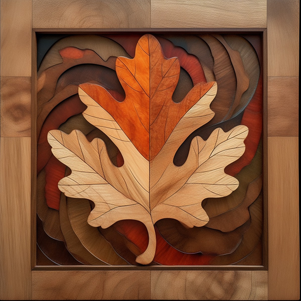 A midjourney image made with the prompt a wooden inlay oak leaf --stop 80