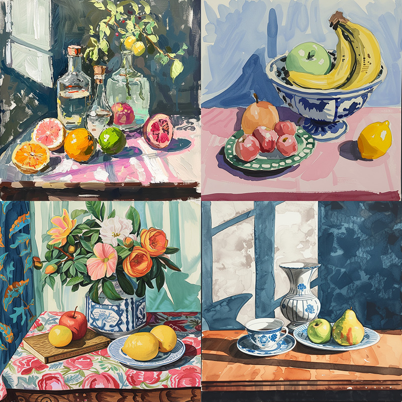 an image of a still life gouache painting made by midjourney using the prompt still ife grouach painting