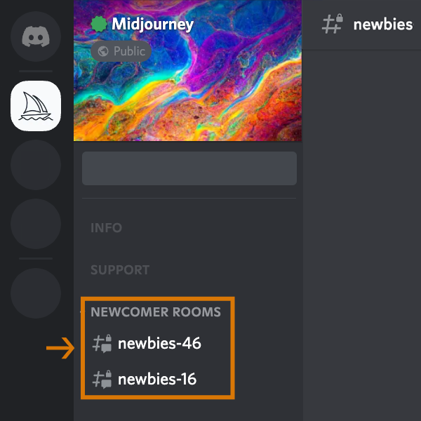 Image of the Sidebar for Midjourney's Discord server highlighting the newbie channels.