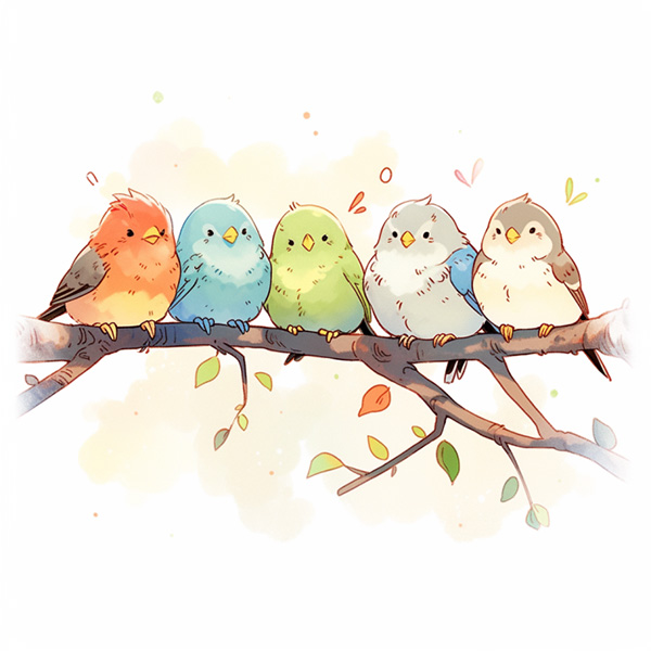 Midjourney Version v5 example image of the prompt birds perching on a branch --niji 5