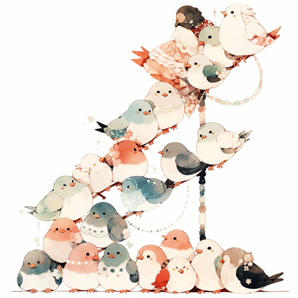 Midjourney Version v5 example image of the prompt birds perching on a branch --niji 5 --style cute