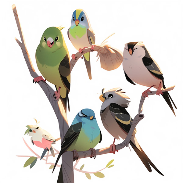 Midjourney Version v5 example image of the prompt birds perching on a branch --niji 5 --style expressive