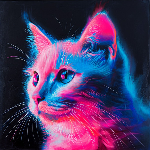 Midjourney image of pink and blue colored cat
