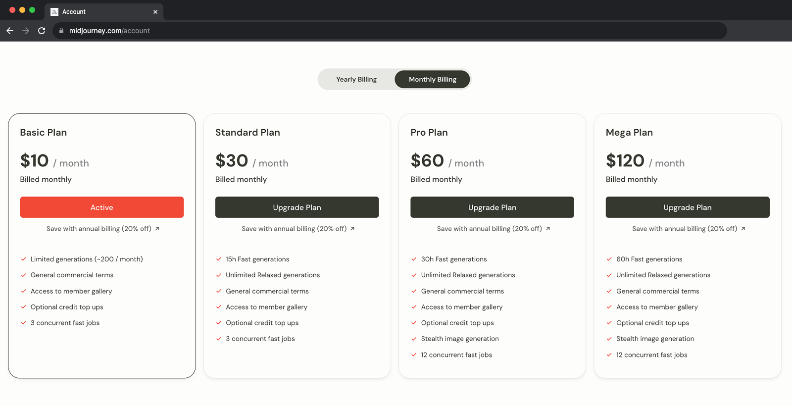 Image of the Midjourney account page for upgrading and downgrading plans