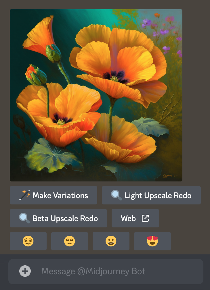 Imagem da interface do botão Midjourney Discord depois de aumentar a escala de uma imagem