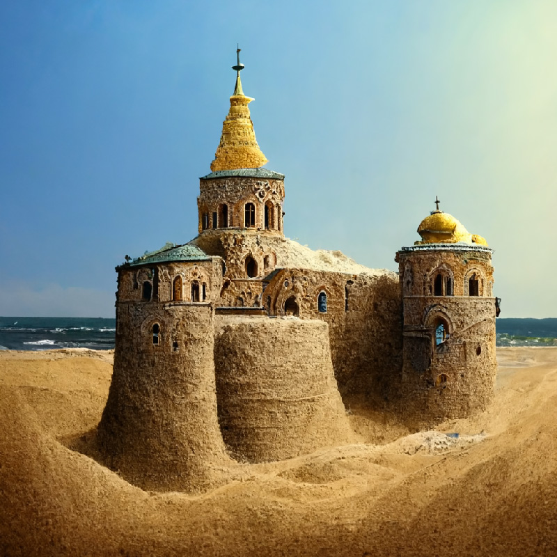 An image of a byzantine style sandcastle cathedral made using midjourney model version 2