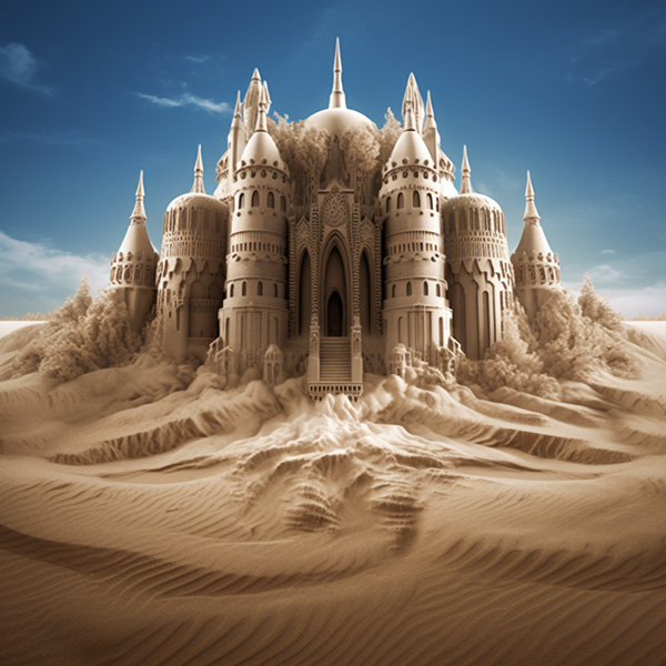 an image of a sand cathedral remastered using Midjourney Model Version 5.1 from a version 2 image.