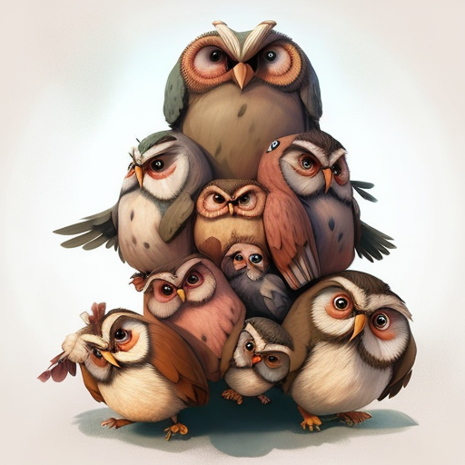 Image of a pile of owls, generated by using remix mode in Midjourney