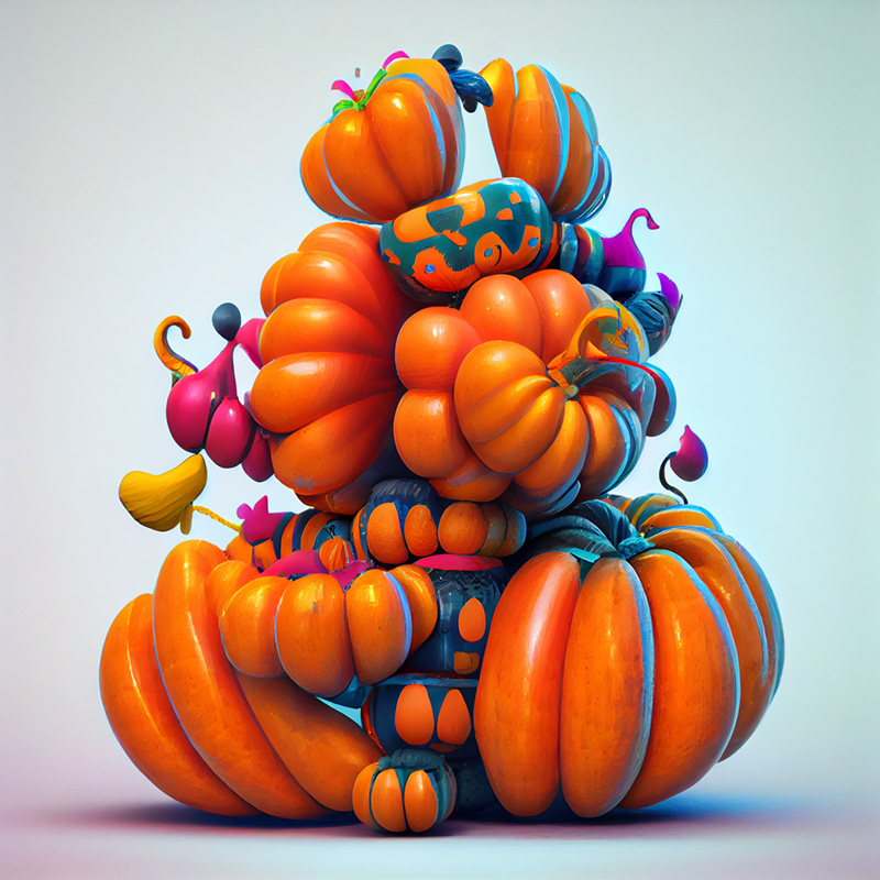 Image showing an image of stacked pumpkins changed with Midjourney Image Remix from an illustration to balloon-animals