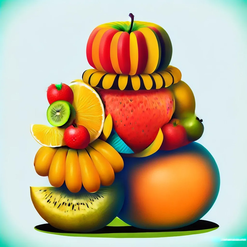 Image showing an image of stacked pumpkins changed with Midjourney Image Remix from the pumpkins to fruit