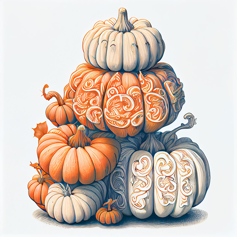 Midjourney image of a stack of pumpkins